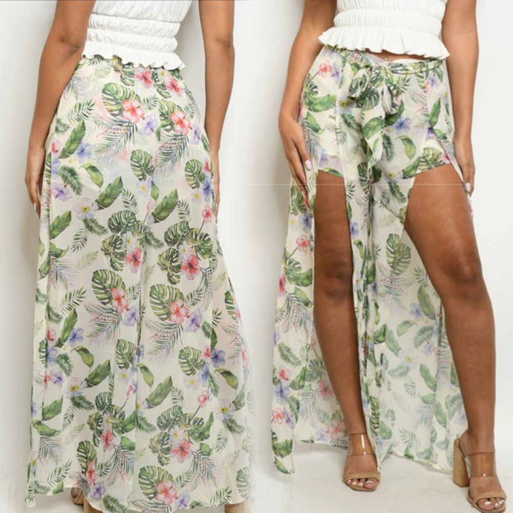 Honey Punch Cream Tropical Print Split Skort - Picture 3 of 7